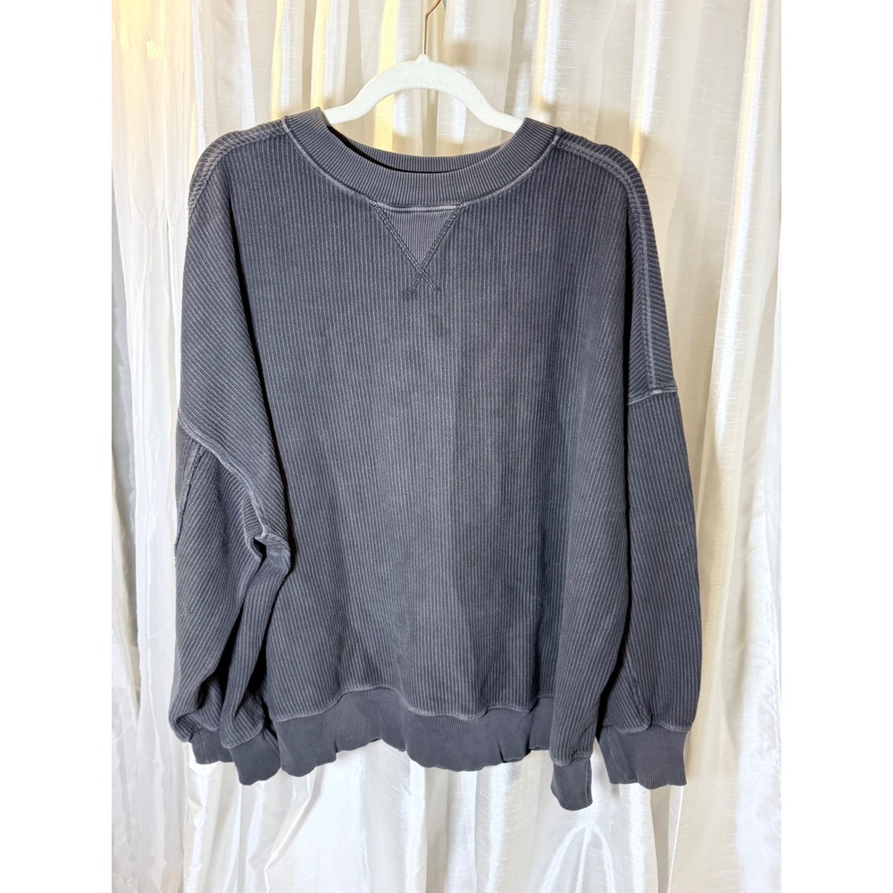 Aerie Sweatshirt Women Large Grey Excellent Ribbed Corded Crewneck Pullover
